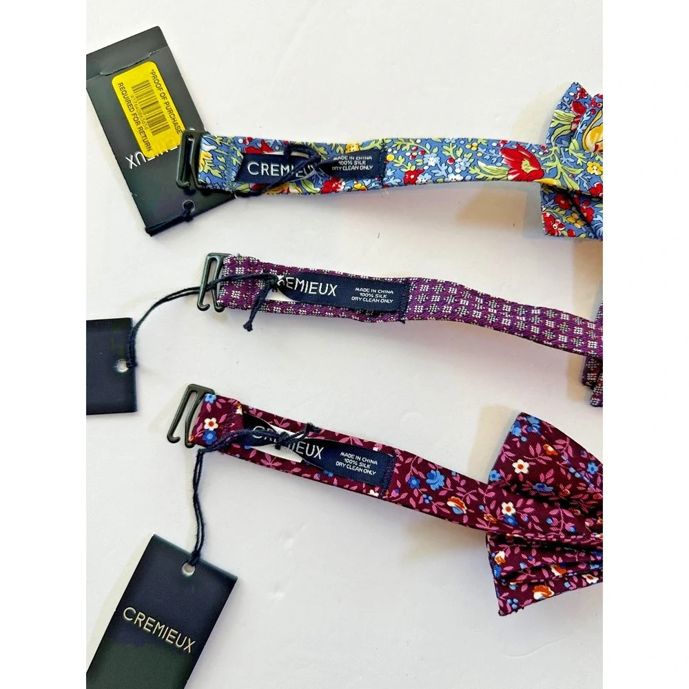 Cremieux Bow Tie Floral Geometric 100% Silk Set of 3 Blue Burgundy Yellow NEW